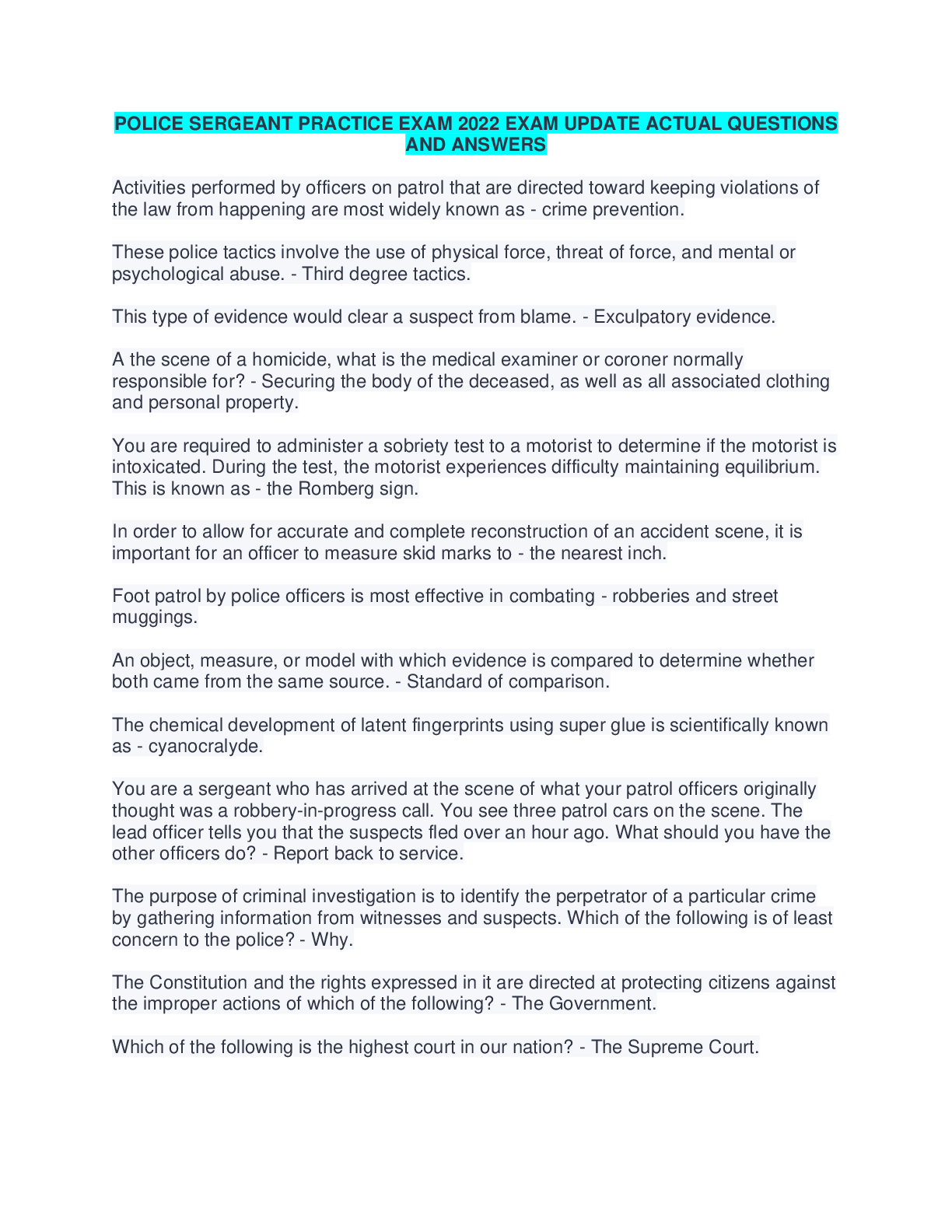 Preview image for POLICE SERGEANT PRACTICE EXAM 2022 EXAM UPDATE ACTUAL QUESTIONS  AND ANSWERS